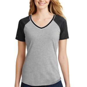 DISCONTINUED  District ®  Juniors Mesh Sleeve V-Neck Tee. DT276